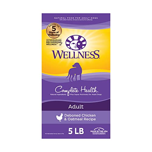 Wellness Complete Health Dry Dog Food with Grains, Natural Ingredients, Made in USA with Real Meat, All Breeds, For Adult Dogs (Chicken & Oatmeal, 5-Pound Bag)