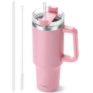 40 oz Pink Insulated Tumbler with Handle and Straw