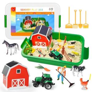 Farm Animals Sensory Bin with Tractor and Sand