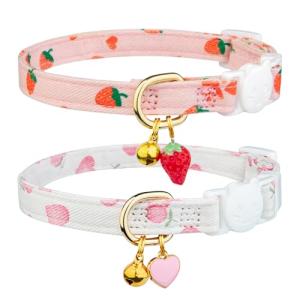 Pink Strawberry Cat Collars with Heart Pendants, 2 Pack