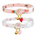 Pink Strawberry Cat Collars with Heart Pendants, 2 Pack