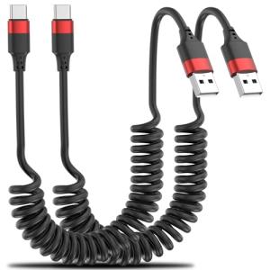 Coiled USB C Car Charging Cable, 2 Pack