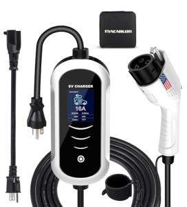 MACARLON 16A Level 1 & 2 EV Charger - 120V-240V Fast Charging, 25ft Cable, Portable J1772 Charger, NEMA 6-20/5-15 Adapter, Adjustable Current, Scheduled Charging, American Flag Design (Silver)