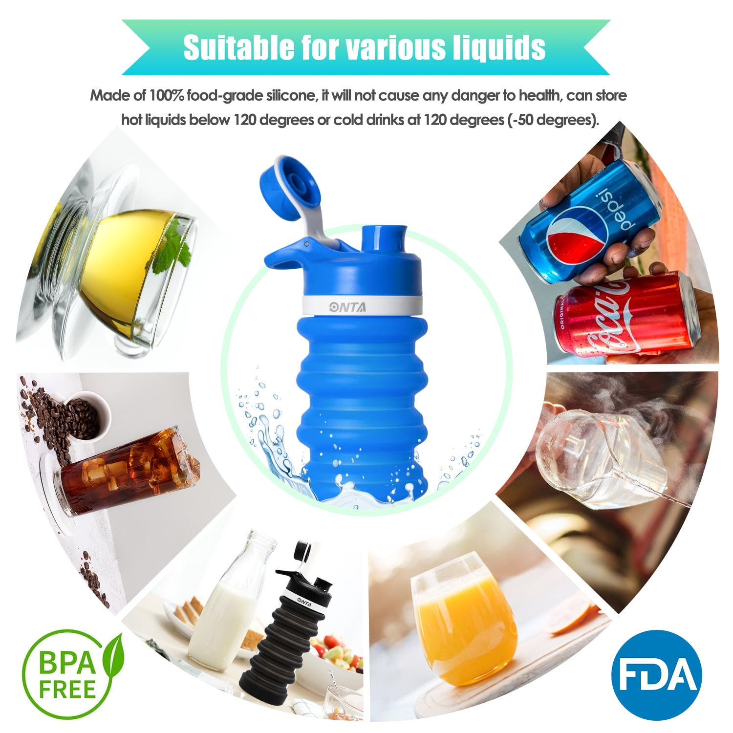 Blue Collapsible Water Bottle - BPA Free Silicone