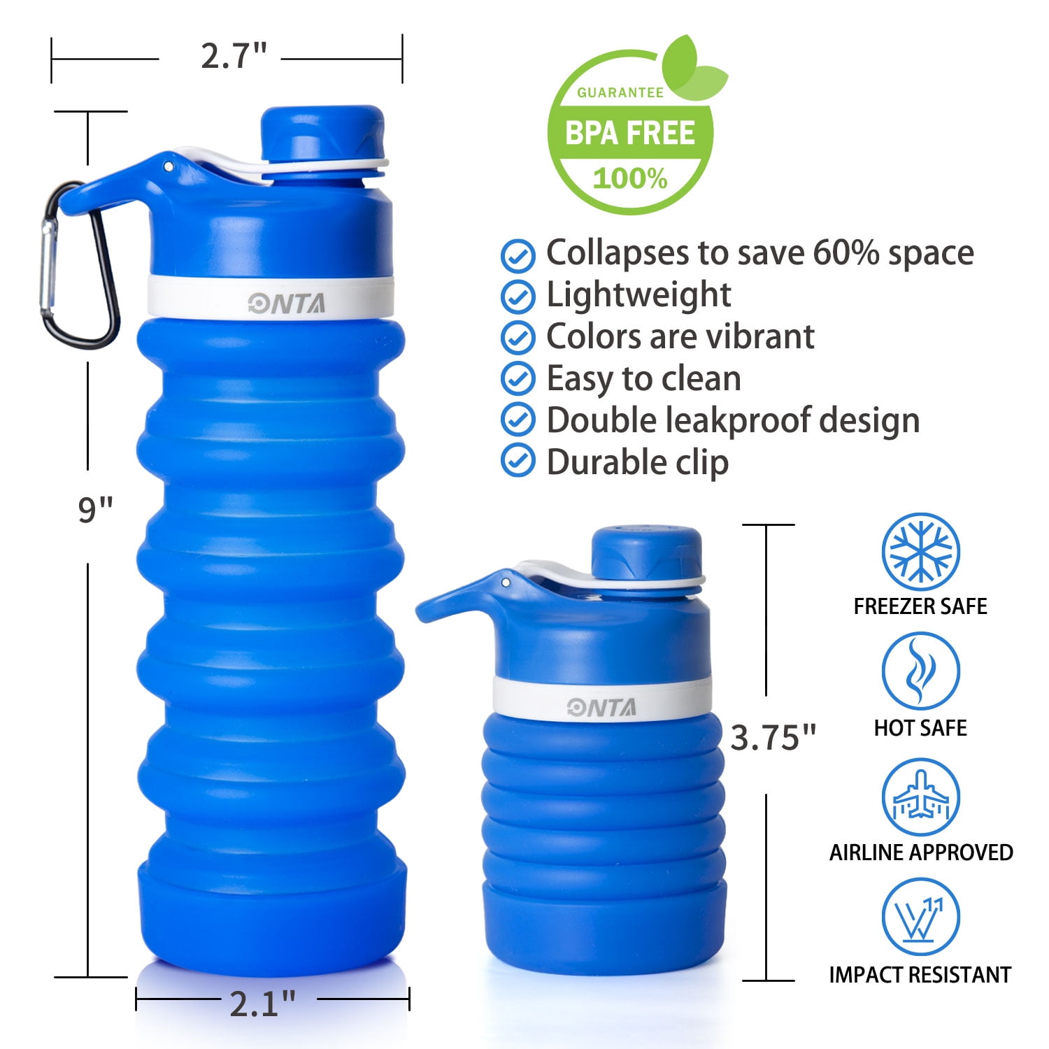 Blue Collapsible Water Bottle - BPA Free Silicone