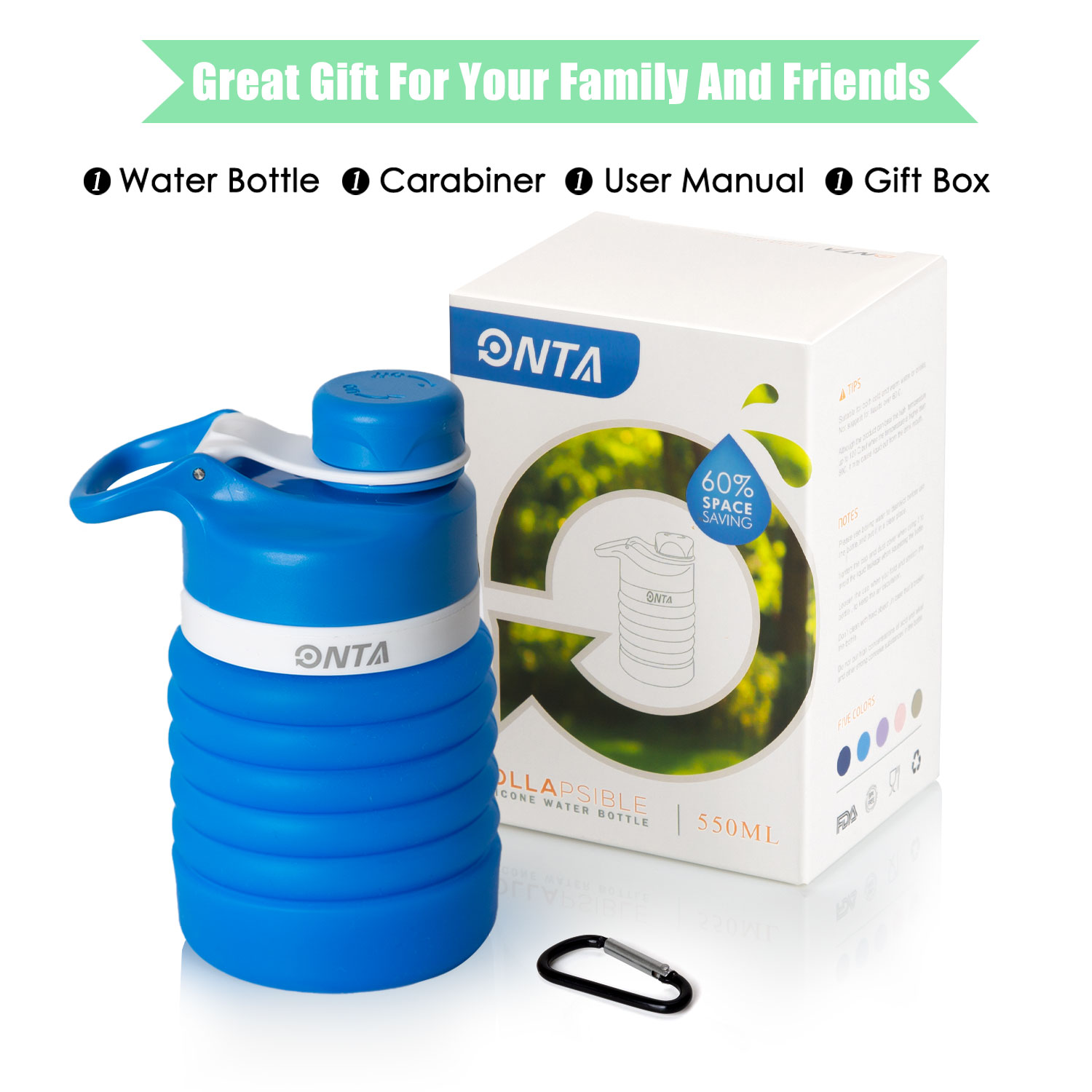 Blue Collapsible Water Bottle - BPA Free Silicone