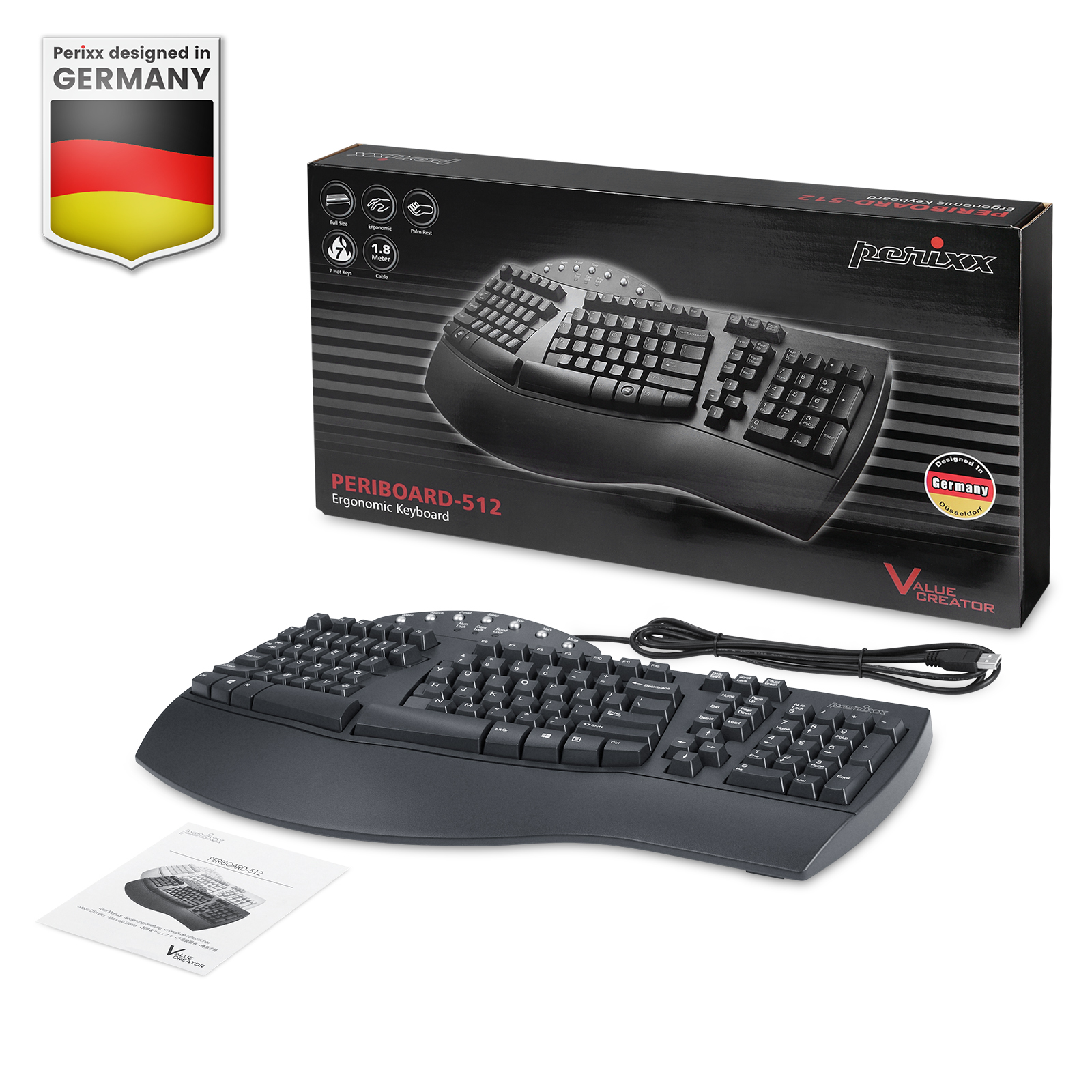 Black Split Ergonomic USB Keyboard - Perixx Periboard-512
