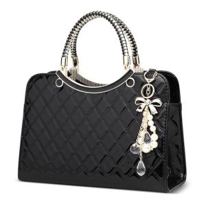 DIRRONA Women’s Quilted Black Handbag with Pearl Charm