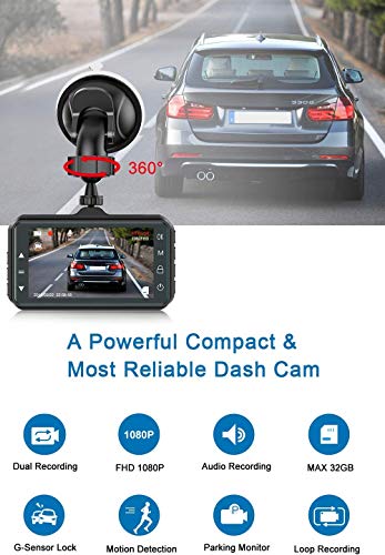 CHORTAU Dual Dash Cam: 3" Full HD with Wide Angle