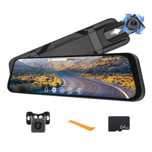 CAMECHO 9.66" Mirror Dash Cam with 64GB Card