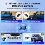 12" 4 Channel Mirror Dash Cam with Touch Screen