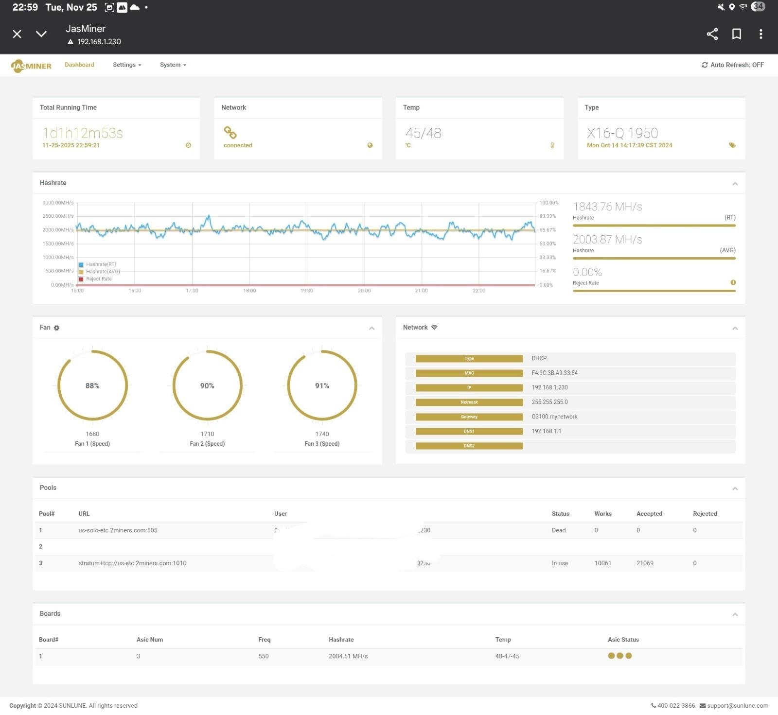 Jasminer X16-Q ETC Miner - 1950MH, 620W, 8GB