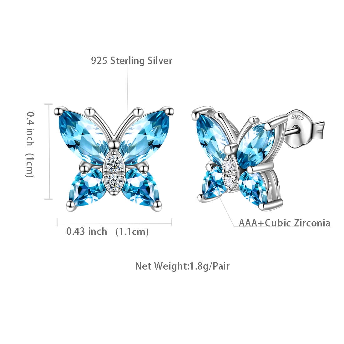 Aquamarine Zirconia Butterfly Earrings - March Birthstone Jewelry