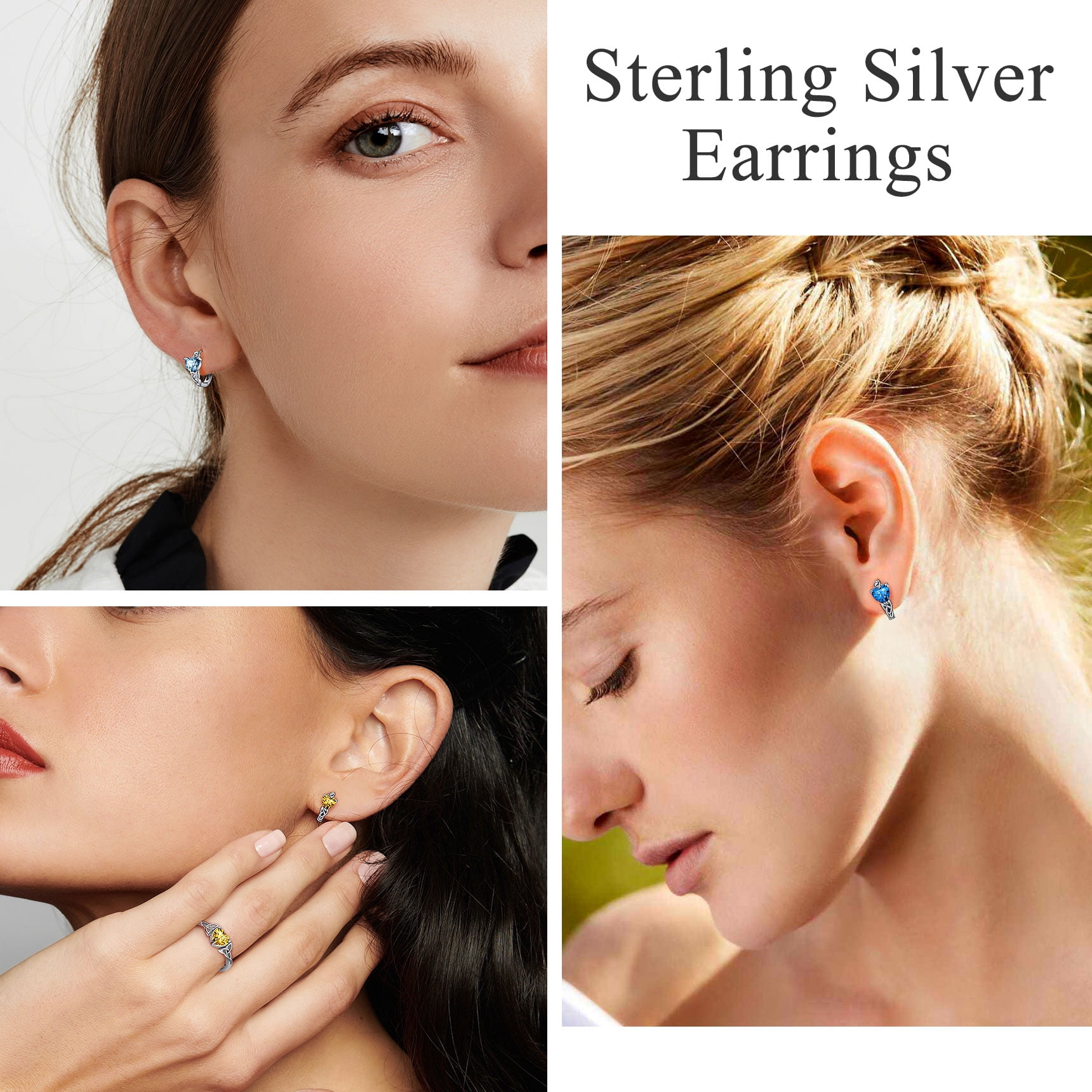 Celtic Knot Silver Hoop Earrings with Aquamarine Heart