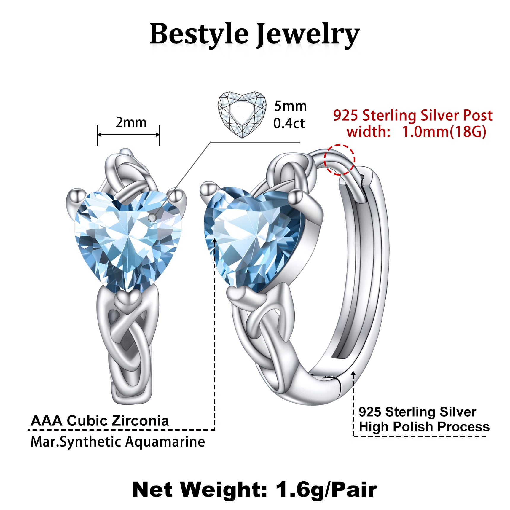 Celtic Knot Silver Hoop Earrings with Aquamarine Heart