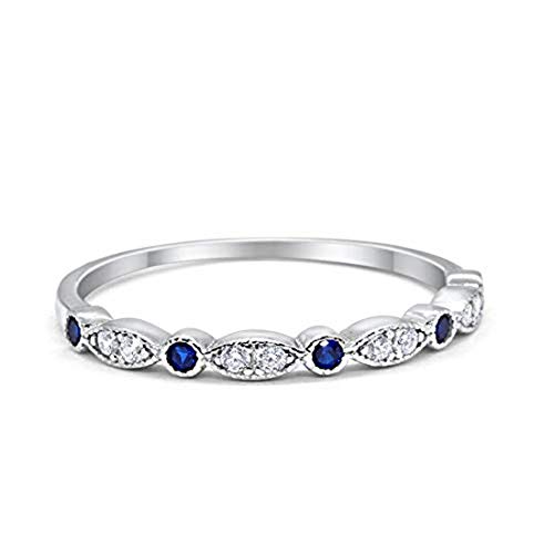 2mm Blue Sapphire CZ Wedding Band, Art Deco Design