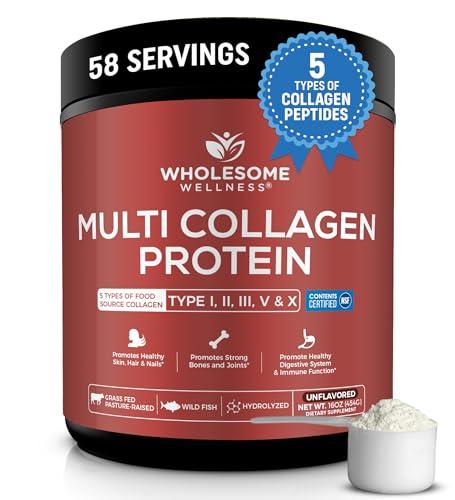 Wholesome Wellness Multi Collagen Protein Powder Hydrolyzed (Type I II III V X) Grass-Fed All-in-One Super Bone Broth + Peptides - Premium Blend of Beef, Chicken, Wild Fish, Eggshell, 58 Servings