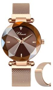 Rose Gold Women's Wooden Watch with Mesh Band