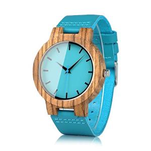 Men's Bamboo Wood Watch with Blue Leather Strap