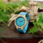 Men's Bamboo Wood Watch with Blue Leather Strap