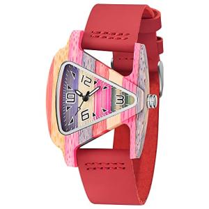 Red Triangle Wood Watch for Women with Leather Band
