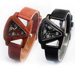 Triangle Red Wood Watch with Leather Band for Women