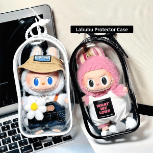For Labubu V2 Transparent Colorful Protector Case Doll Accessories Organizer Box Plush Doll Display Bag Outdoor with Keychain