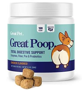 Great Poop Probiotics for Dogs - Fiber for Dogs Supplement with Dog Probiotics and Digestive Enzymes for a Healthy Gut, Firm Stool & Diarrhea Relief - Chicken Flavored Pet Soft Chews with Prebiotics