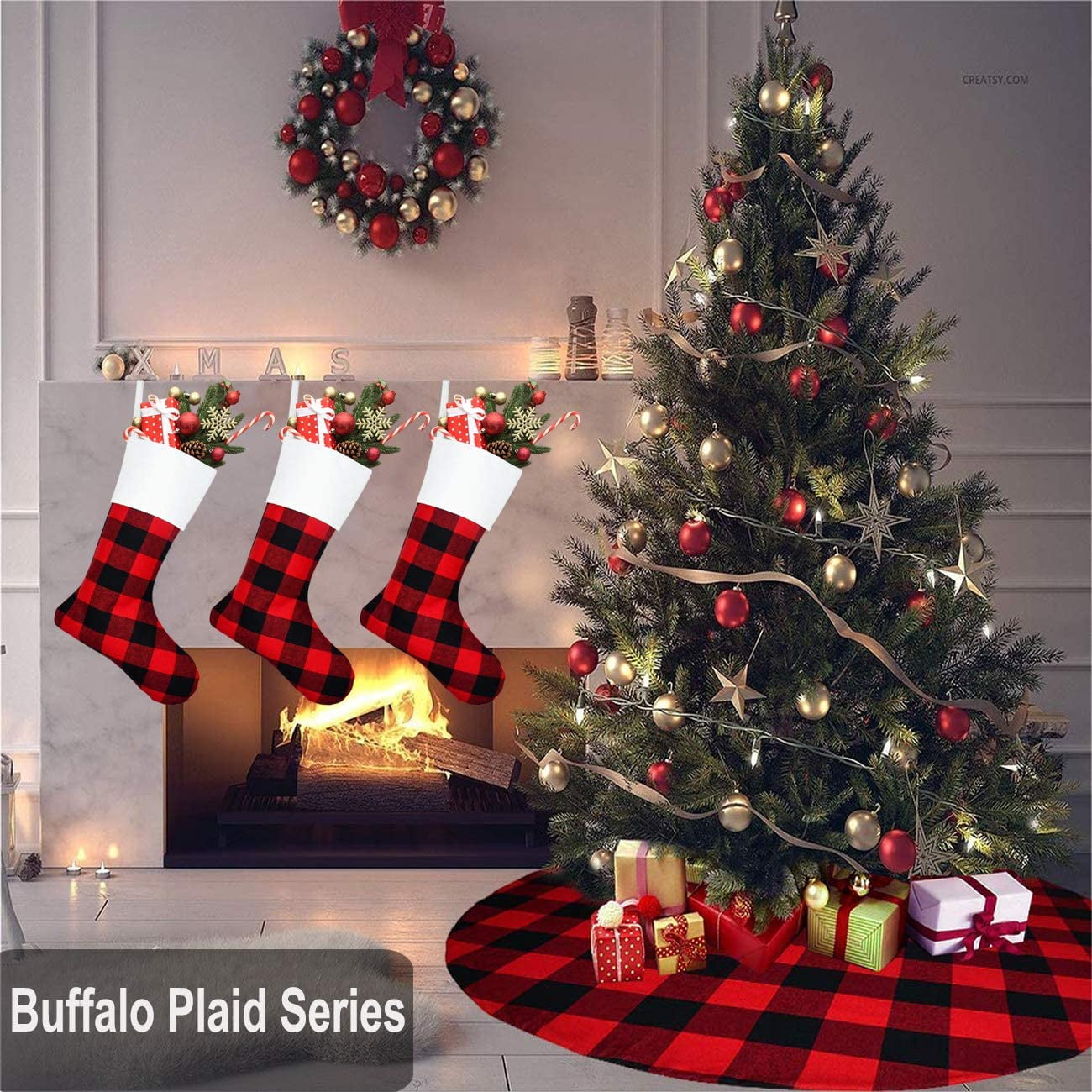 Buffalo Plaid Fireplace Hanging Christmas Stockings
