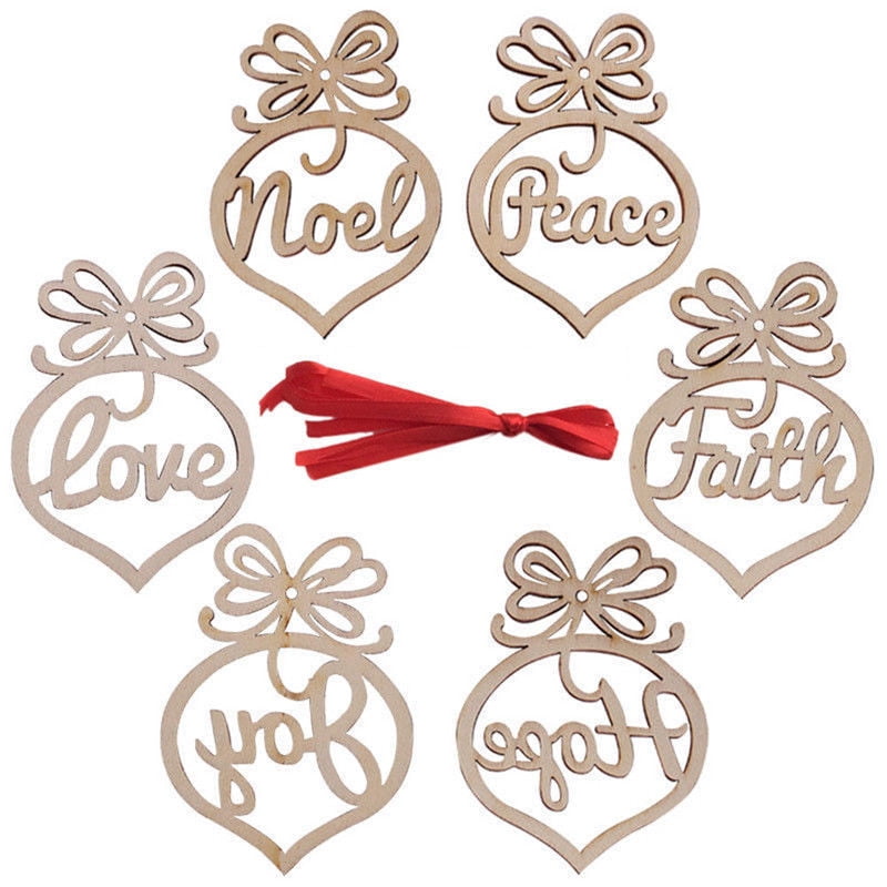 Wooden Xmas Tree Decorations - Set of 6