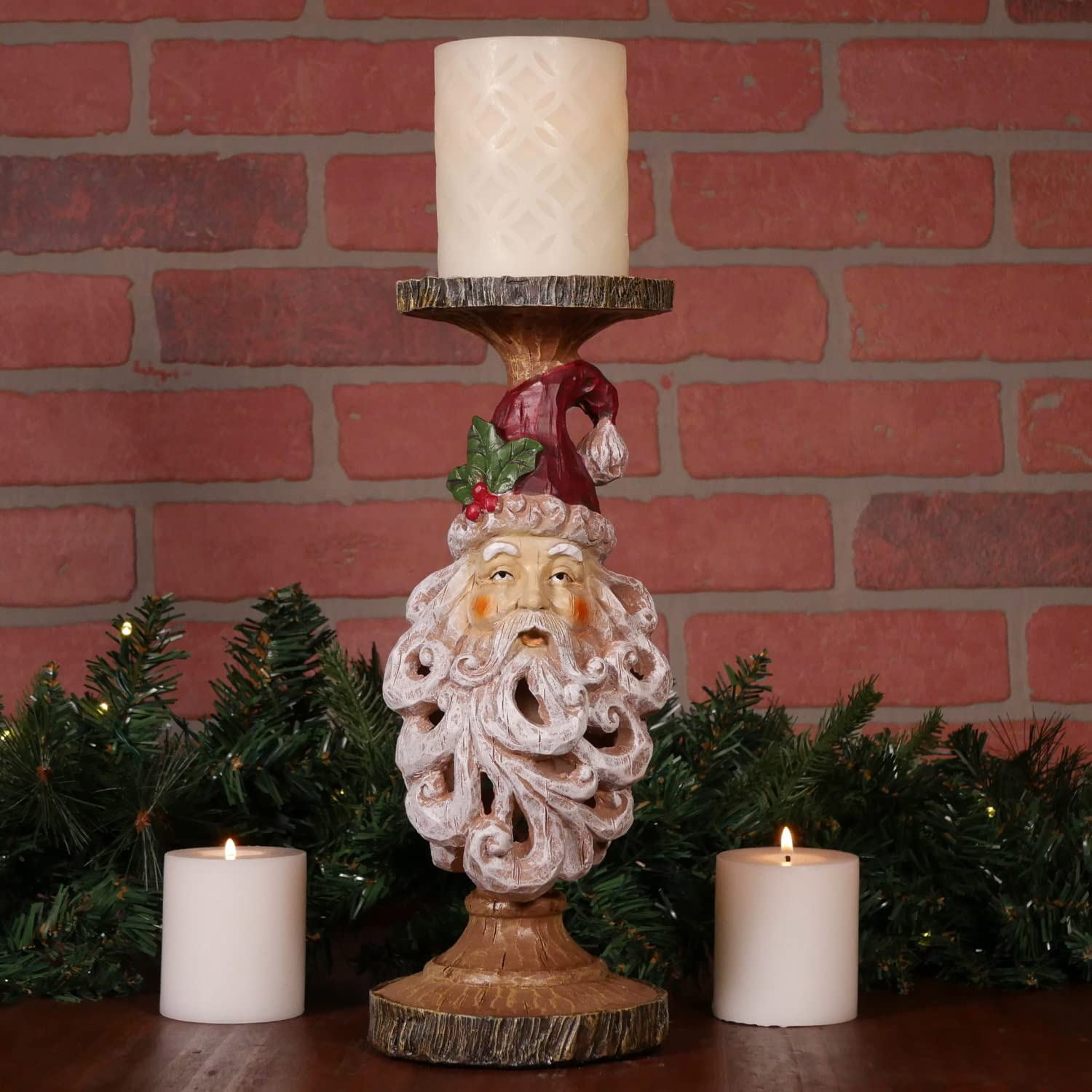 Santa Head Carved Wood-Look Candle Holder