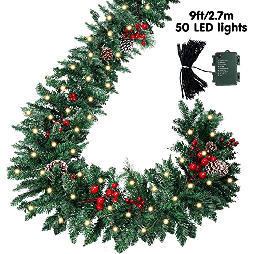 9ft Christmas Garland with Warm White Lights & Decor