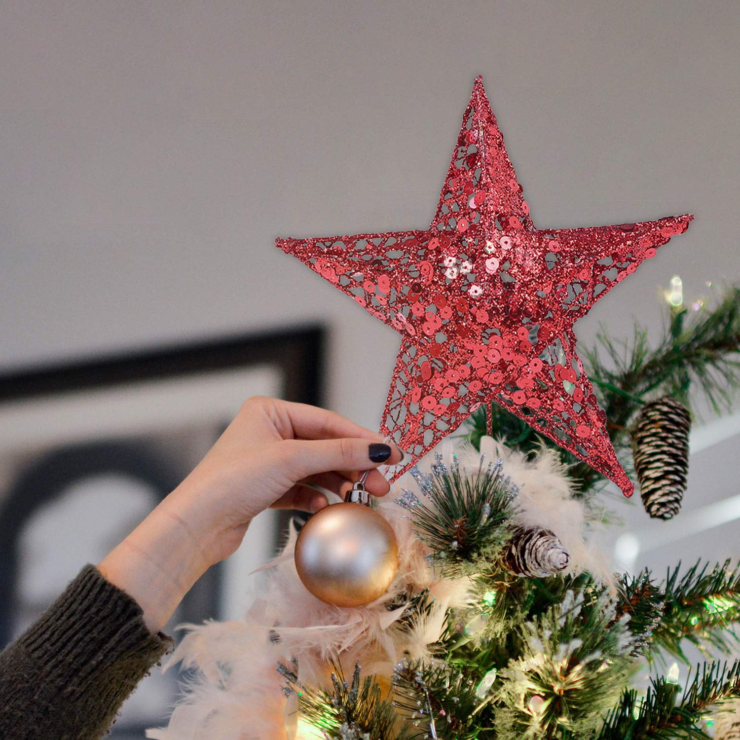 Glittered Christmas Tree Star Topper - Red