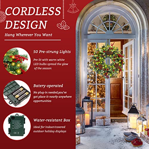 Pre-lit 24-Inch Christmas Wreath with LED Lights