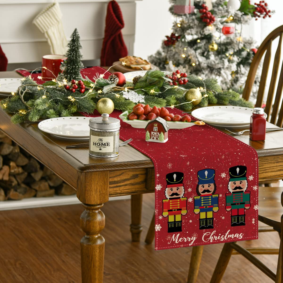 Merry Christmas Nutcracker Table Runner, Red 13x72 Inch