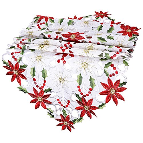 Christmas Embroidered Table Runner with Poinsettia Design