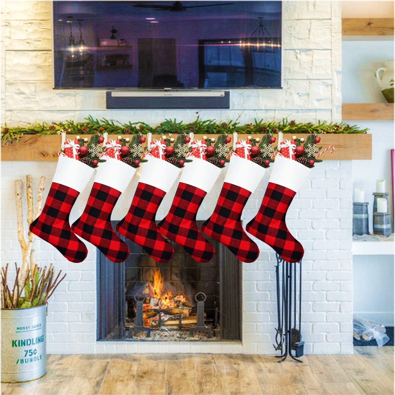 Buffalo Plaid Fireplace Hanging Christmas Stockings
