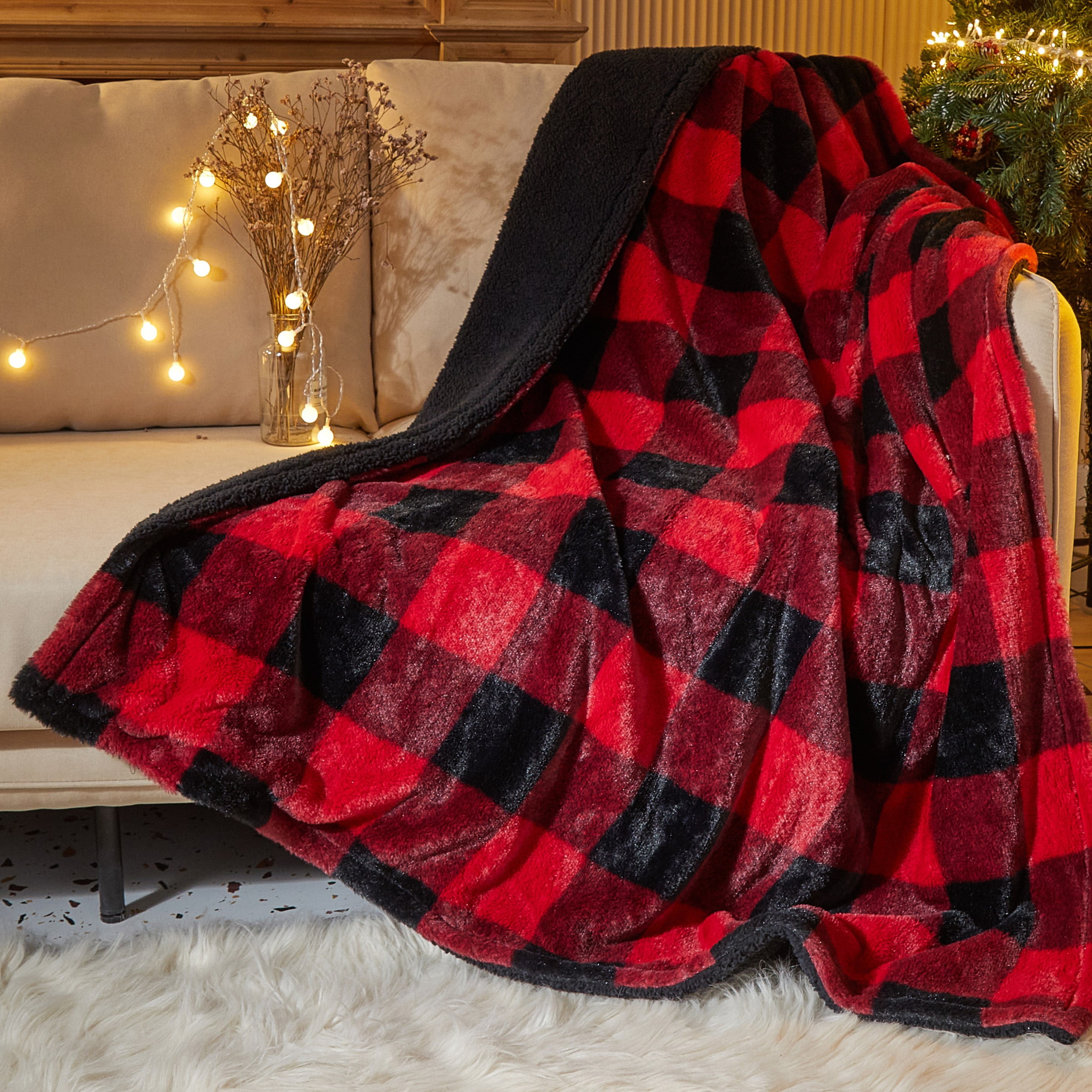 Cozy Red Buffalo Check Sherpa Throw Blanket