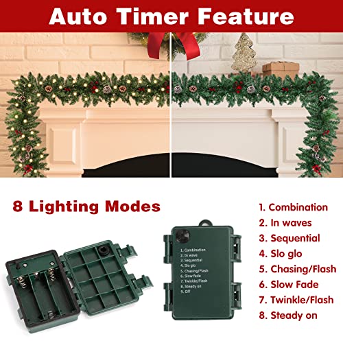 9ft Christmas Garland with Warm White Lights & Decor