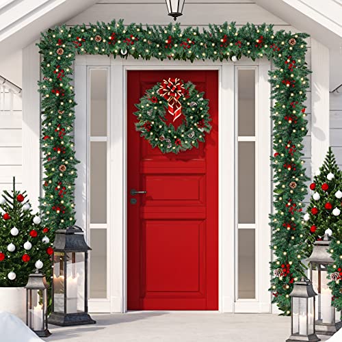 9ft Christmas Garland with Warm White Lights & Decor