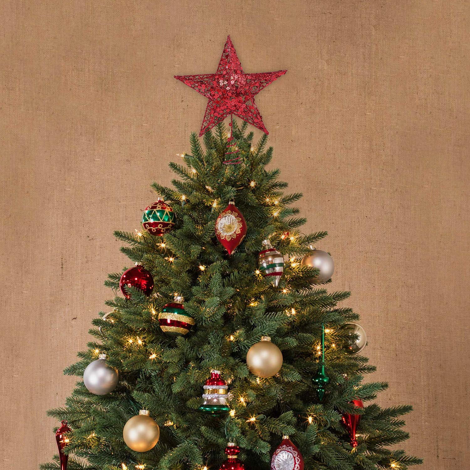 Glittered Christmas Tree Star Topper - Red