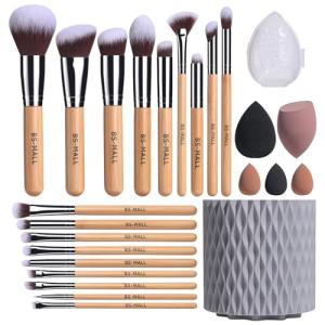 Bamboo Makeup Brush Set with Sponges and Holder