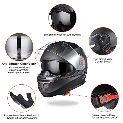 AHR Flip Up Full Face Motorcycle Helmet - Matte Black