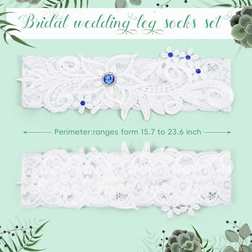 Bride Lace Wedding Garters Set with Blue Rhinestone