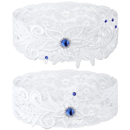 Bride Lace Wedding Garters Set with Blue Rhinestone