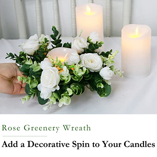 White Rose Candle Rings with Eucalyptus Garland - Wedding Decor