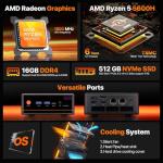 PELADN Mini PC Gaming, Ryzen 5 5600H (Upgraded 5700U,6C/12T, up to 4.2Ghz),16GB DDR4/512GB NVMe SSD,Dual LAN,Type-C/DP/HD,Mini Desktop Computer,WiFi6 4K/60Hz Triple-Display USB3.2/BT5.2