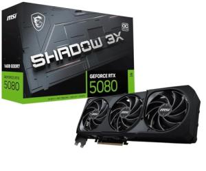 MSI GeForce RTX 5080 16G SHADOW 3X OC Graphics Card - RTX 5080 GPU, 16GB GDDR7 (30Gbps/256-bit), PCIe 5.0 - Triple Fan Design (3 x TORX FAN 5.0) - HDMI 2.1b, DisplayPort 2.1b