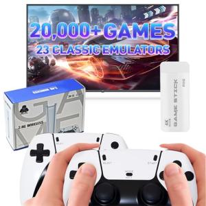 TLsiwio Retro Game Stick Upgrade 4K Retro Games Console with 23 Emulators 20.000+ Classic Video Games, Plug & Play Games Consoles for TV, Dual 2 Controllers, Gifts for Family and Adult