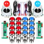 Fosiya 2 Player Arcade Joystick LED Chrome Push Buttons for PC MAME Raspberry Pi Video Games Arcade Cabinet Parts (Red - Blue Kit)